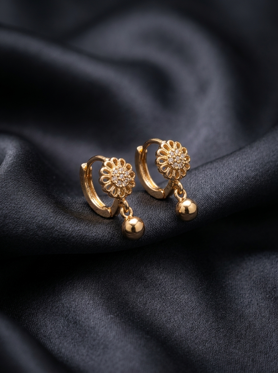 (Kids) Gold Plated Floral Hoop Earrings with Crystal & Dangling Ball Charm