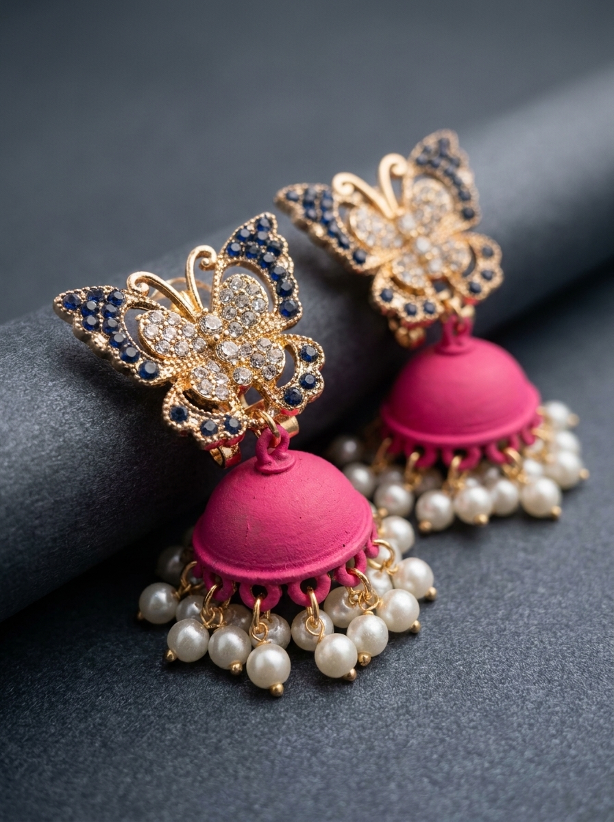 Butterfly Jhumka Earrings with Pearl Drops & Blue Stones