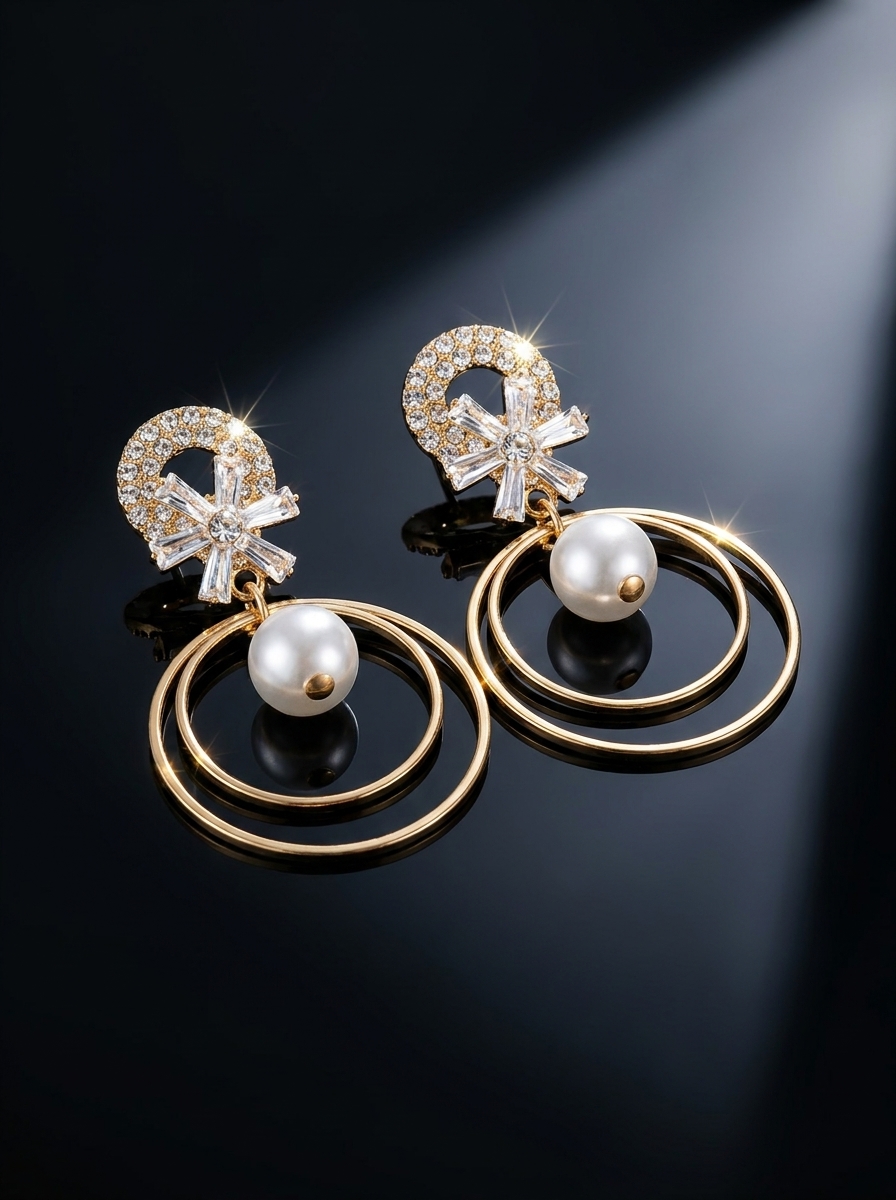 Elegant Gold Tone Crystal & Pearl Drop Earrings