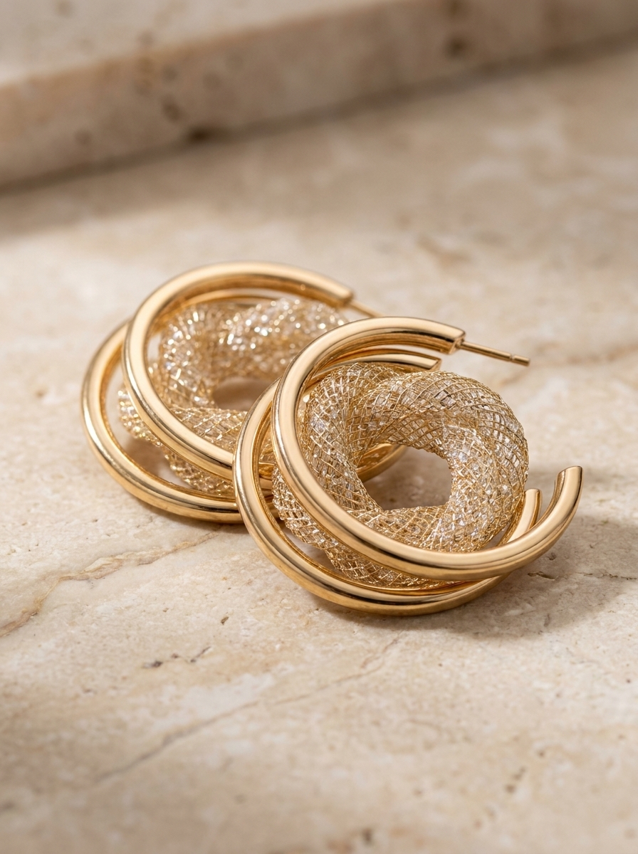 Gold Toned Geometric Mesh Hoop Earrings for Women