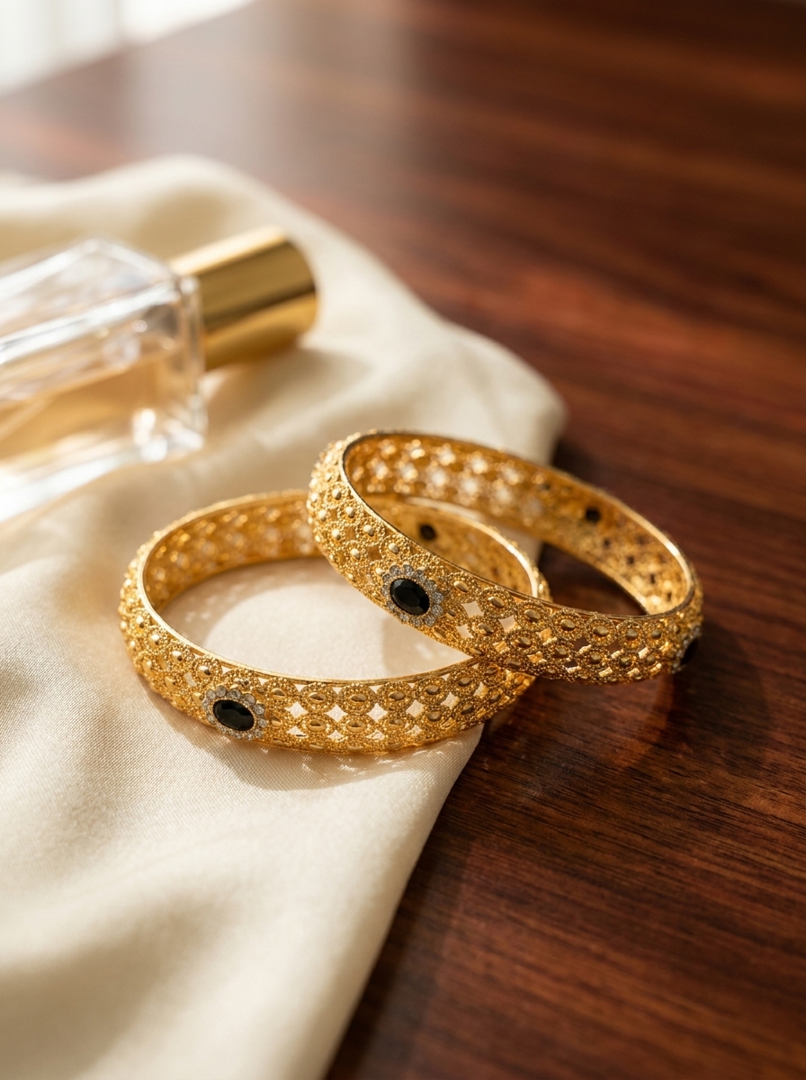 Elegant Gold Plated Black Gemstone Filigree Bangle