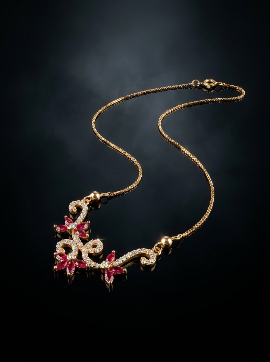 Gold Plated Floral Pendant Necklace with Red & White Stones