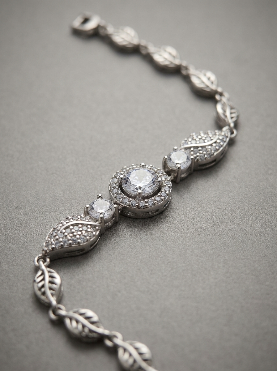 Elegant Silver Leaf Motif Crystal Bracelet for Women